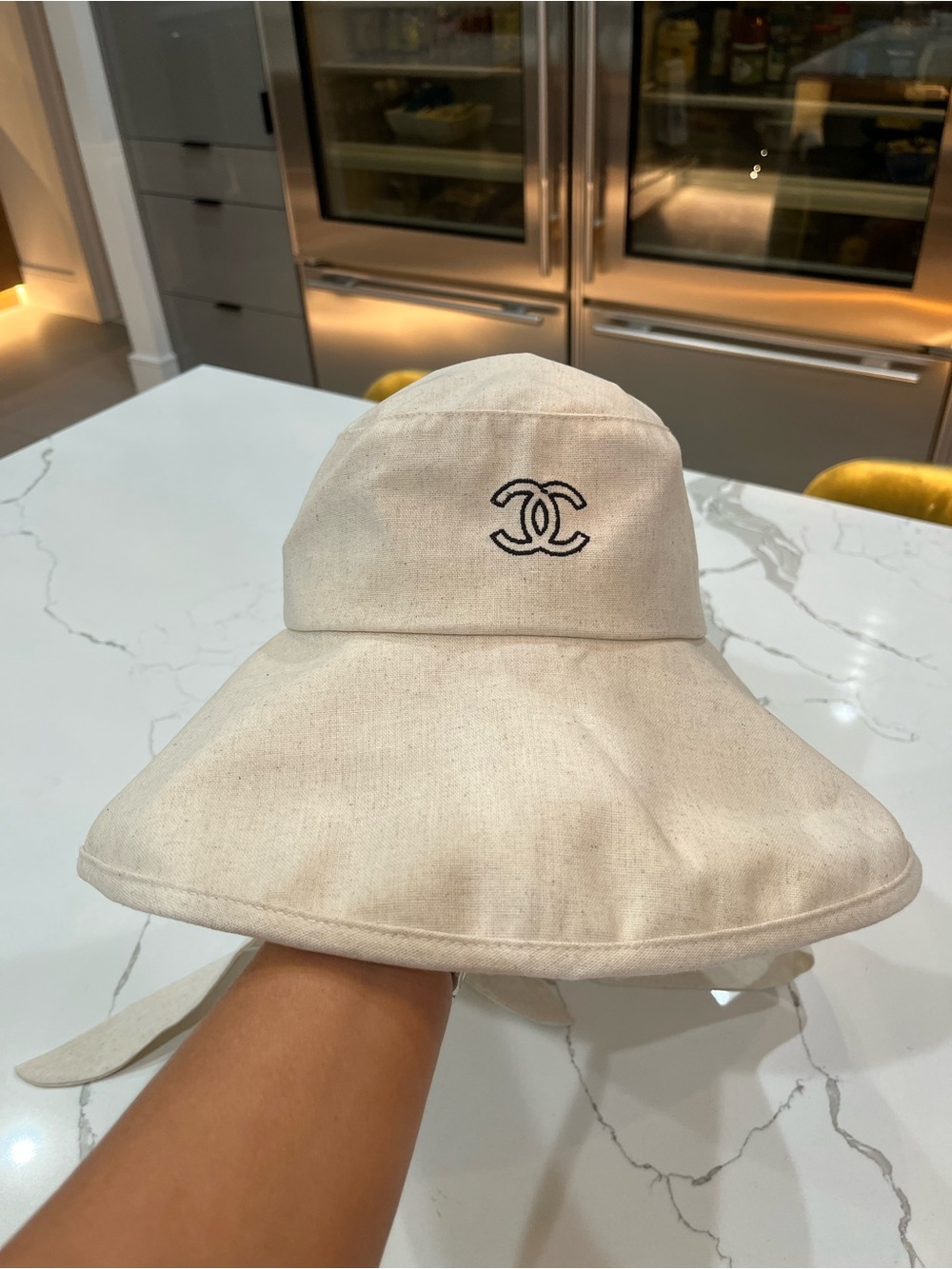 Cream Wide-Brim Canvas Sun Hat with Black CC Embroidery